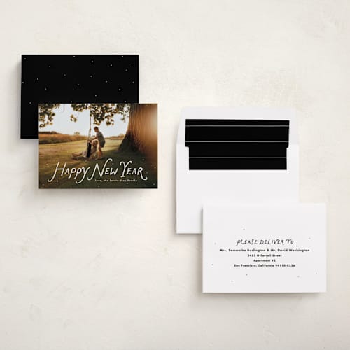 This is a penguin new year photo cards with standard by Lea Delaveris called handwritten happy printing on recycled smooth signature in standard