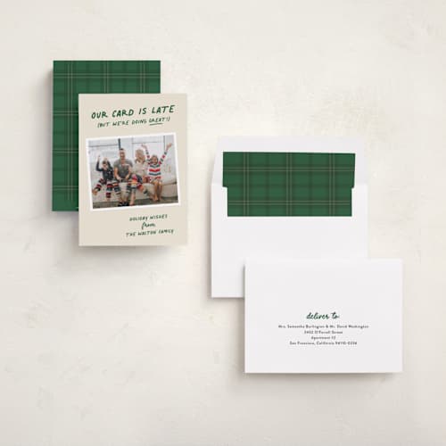 This is a pine new year photo cards with standard by Louise Kay called late but great printing on recycled smooth signature in standard