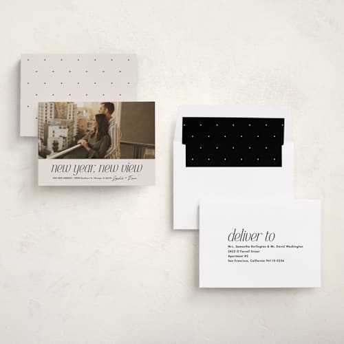 This is a vanilla new year photo cards with standard by Lea Delaveris called new view printing on recycled smooth signature in standard