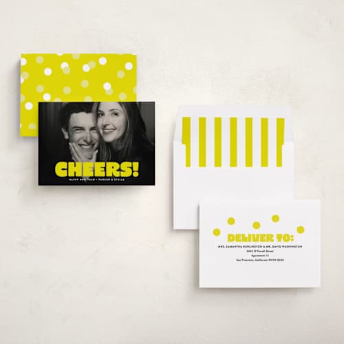 This is a neon yellow new year photo cards with standard by Susan Asbill called boldly printing on recycled smooth signature in standard
