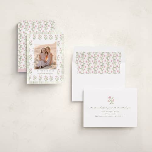 This is a candy new year photo cards with standard by Sarah Knight called block print florals printing on recycled smooth signature in standard