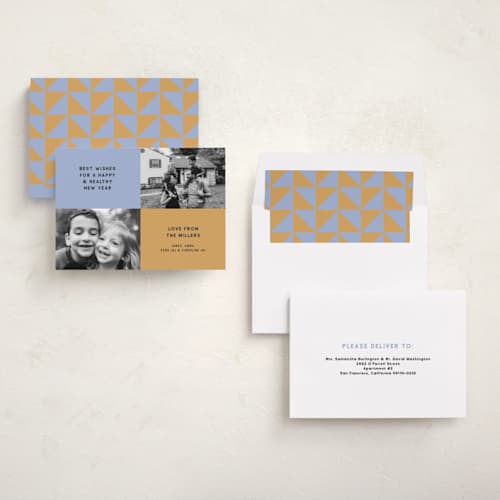 This is a confetti new year photo cards with standard by Tracy Schifeling called modern colorblock printing on recycled smooth signature in standard