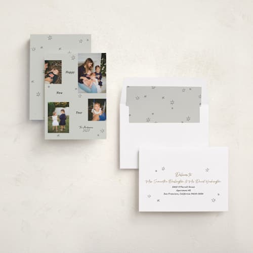 This is a ivory new year photo cards with standard by Cass Loh called scattered joy printing on recycled smooth signature in standard
