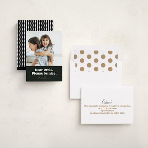 This is a onyx new year photo cards with standard by Robert and Stella called pretty please printing on recycled smooth signature in standard