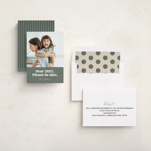 This is a seaglass new year photo cards with standard by Robert and Stella called pretty please printing on recycled smooth signature in standard