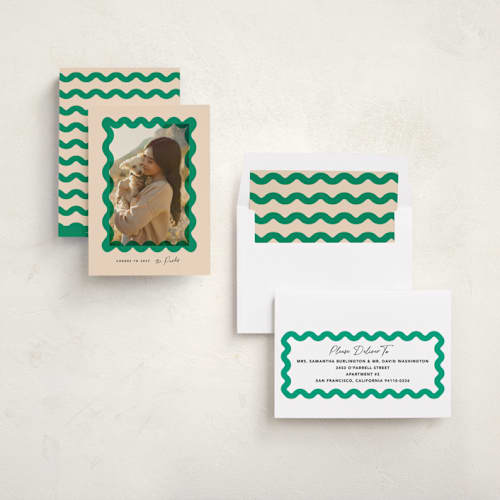 This is a elf shoes new year photo cards with standard by Creo Study called squiggle overlay printing on recycled smooth signature in standard