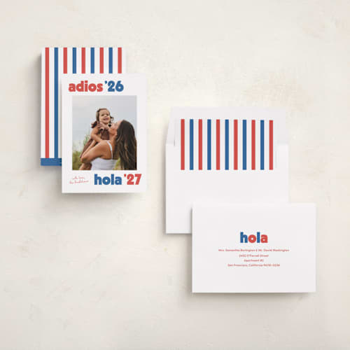 This is a azure new year photo cards with standard by Megan Davis called adios printing on recycled smooth signature in standard