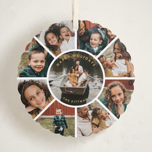 This is a goldenrod holiday card ornaments with standard by Lori James called family circle holiday printing on recycled smooth signature in ornament