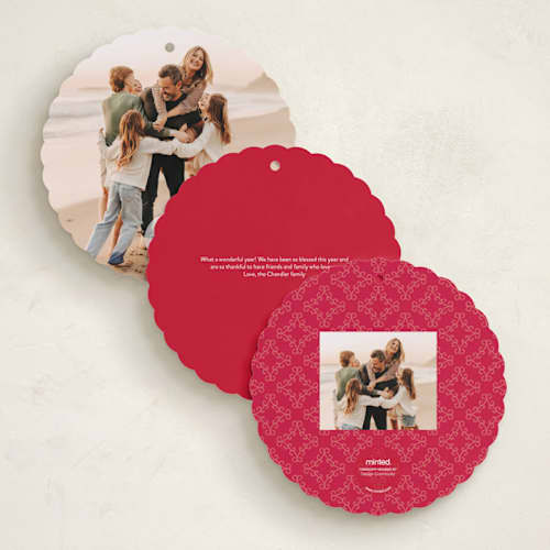 This is a snowball holiday card ornaments with standard by Lori James called family circle holiday printing on recycled smooth signature in ornament