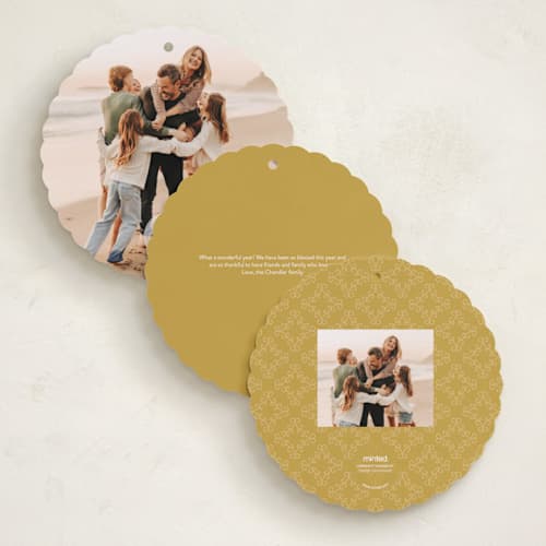 This is a goldenrod holiday card ornaments with standard by Lori James called family circle holiday printing on recycled smooth signature in ornament