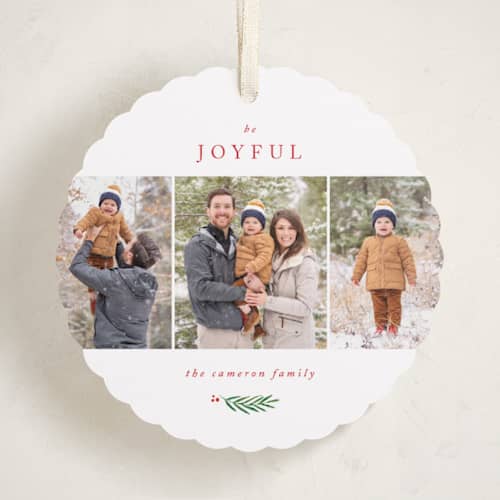 This is a berry holiday card ornaments with standard by Kelly Schmidt called be joyful printing on recycled smooth signature in ornament