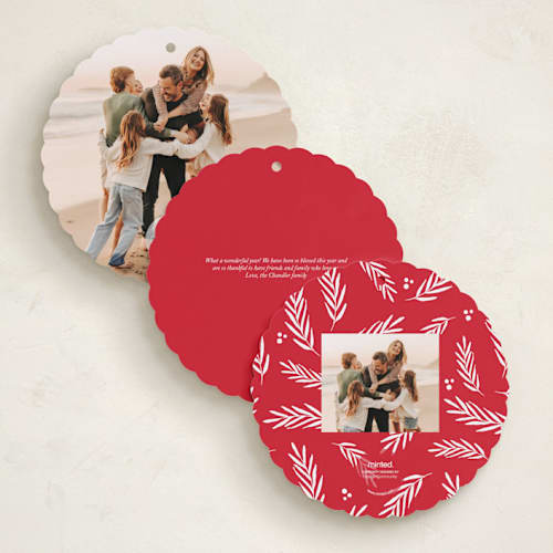 This is a berry holiday card ornaments with standard by Kelly Schmidt called be joyful printing on recycled smooth signature in ornament