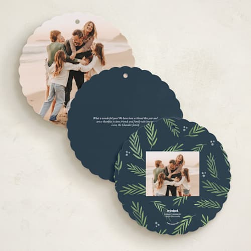 This is a navy holiday card ornaments with standard by Kelly Schmidt called be joyful printing on recycled smooth signature in ornament
