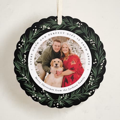 This is a coal holiday card ornaments with standard by Everett Paper Goods called full wreath printing on recycled smooth signature in ornament
