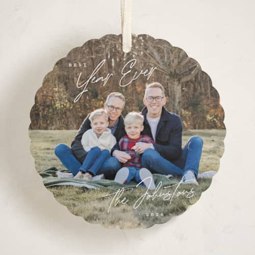 This is a winter night holiday card ornaments with standard by Design Lotus called christmas time is here printing on recycled smooth signature in ornament