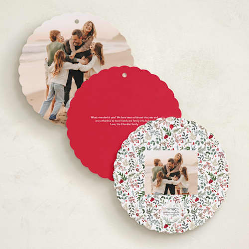 This is a crimson holiday card ornaments with standard by Susan Moyal called petite botanicals printing on recycled smooth signature in ornament
