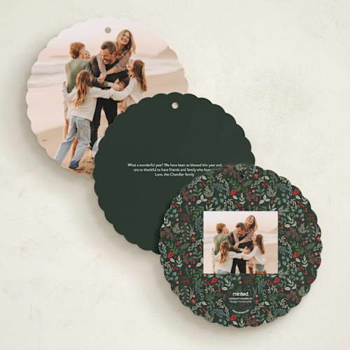 This is a holiday holiday card ornaments with standard by Susan Moyal called petite botanicals printing on recycled smooth signature in ornament