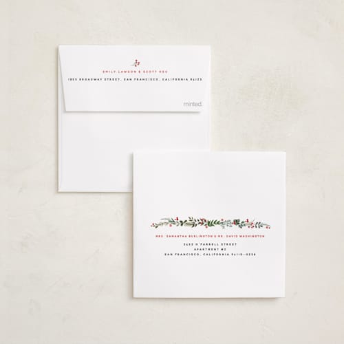 This is a crimson holiday card ornaments with standard by Susan Moyal called petite botanicals printing on recycled smooth signature in ornament