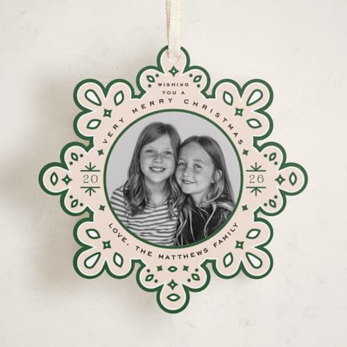 This is a pine holiday card ornaments with standard by Jennifer Lew called ornate printing on recycled smooth signature in ornament