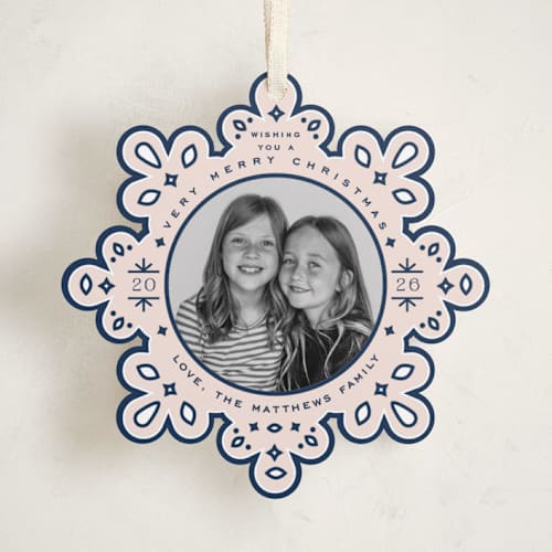 This is a navy holiday card ornaments with standard by Jennifer Lew called ornate printing on recycled smooth signature in ornament