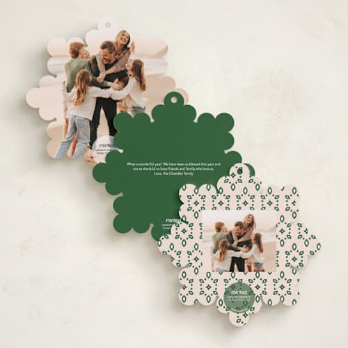 This is a pine holiday card ornaments with standard by Jennifer Lew called ornate printing on recycled smooth signature in ornament