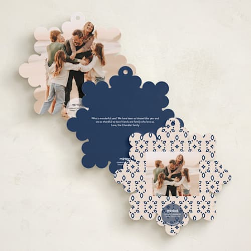 This is a navy holiday card ornaments with standard by Jennifer Lew called ornate printing on recycled smooth signature in ornament