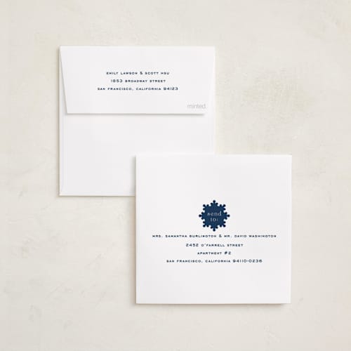 This is a navy holiday card ornaments with standard by Jennifer Lew called ornate printing on recycled smooth signature in ornament