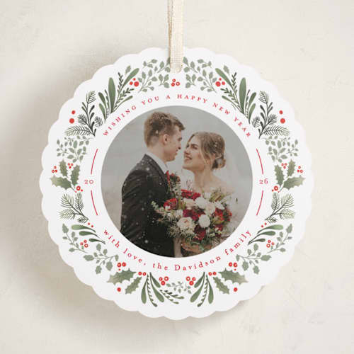 This is a holly berry holiday card ornaments with standard by Mansi Verma called ornament wreathe printing on recycled smooth signature in ornament