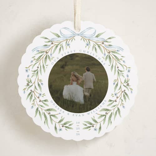 This is a frost holiday card ornaments with standard by Susan Zinader called first christmas wreath printing on recycled smooth signature in ornament