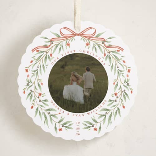 This is a cider holiday card ornaments with standard by Susan Zinader called first christmas wreath printing on recycled smooth signature in ornament