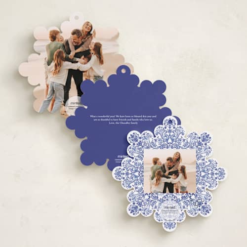 This is a cerulean holiday card ornaments with standard by Jenna Holcomb called azulejo printing on recycled smooth signature in ornament