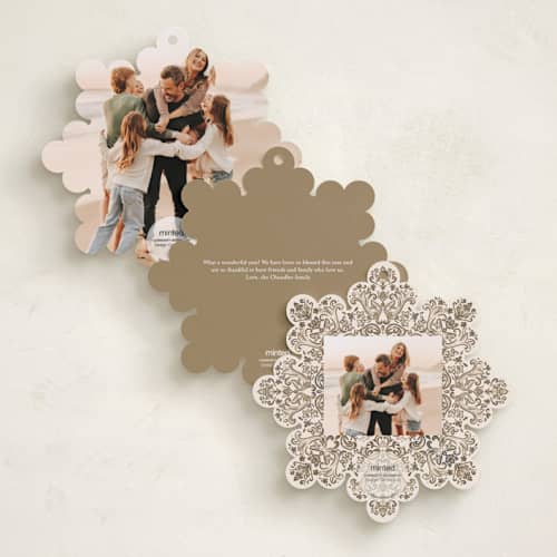 This is a gingerbread holiday card ornaments with standard by Jenna Holcomb called azulejo printing on recycled smooth signature in ornament