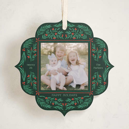 This is a pine holiday card ornaments with standard by Elly called flourish wreath printing on recycled smooth signature in ornament