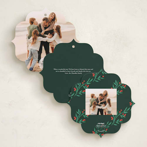 This is a pine holiday card ornaments with standard by Elly called flourish wreath printing on recycled smooth signature in ornament