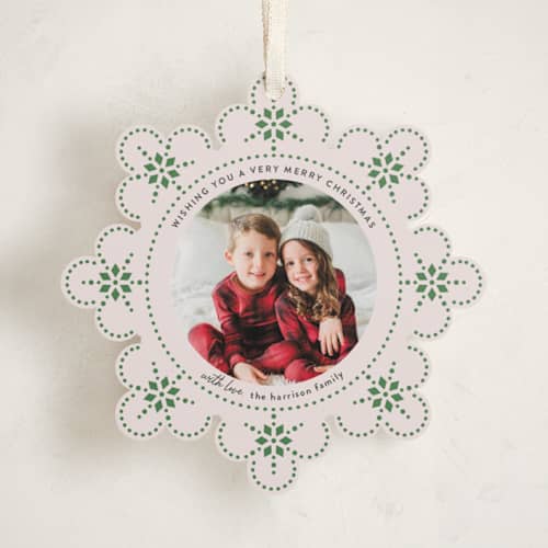 This is a pine needle holiday card ornaments with standard by Kampai Designs called snowflake story printing on recycled smooth signature in ornament
