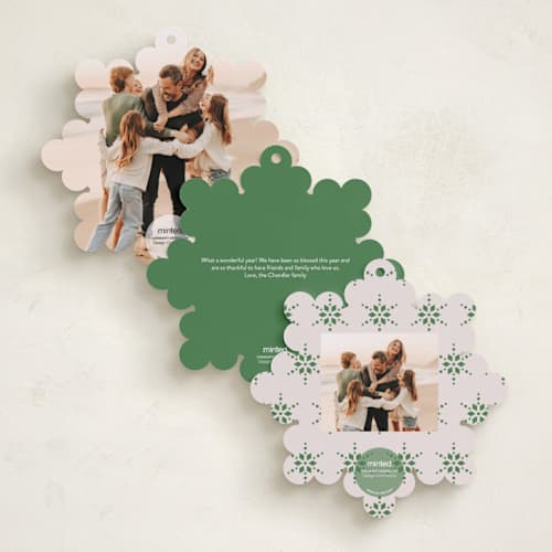This is a pine needle holiday card ornaments with standard by Kampai Designs called snowflake story printing on recycled smooth signature in ornament