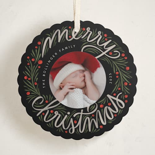 This is a holly holiday card ornaments with standard by Jen Owens called merry round printing on recycled smooth signature in ornament