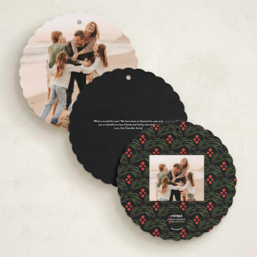 This is a holly holiday card ornaments with standard by Jen Owens called merry round printing on recycled smooth signature in ornament