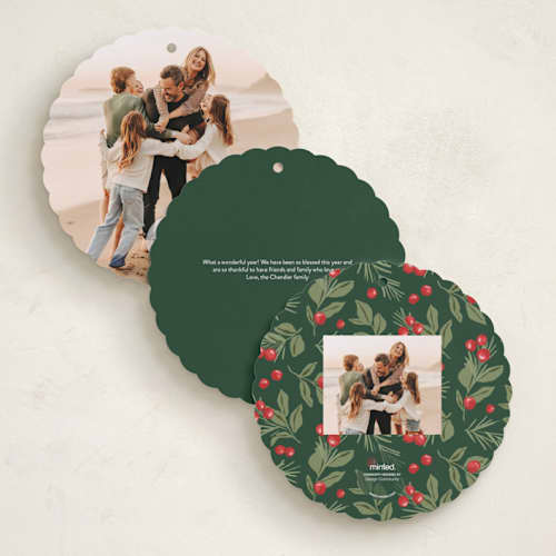 This is a evergreen holiday card ornaments with standard by Everett Paper Goods called dove wreath printing on signature in ornament