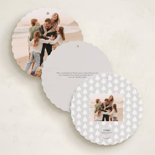 This is a marshmallow holiday card ornaments with standard by Pati Cascino called noelle printing on recycled smooth signature in ornament