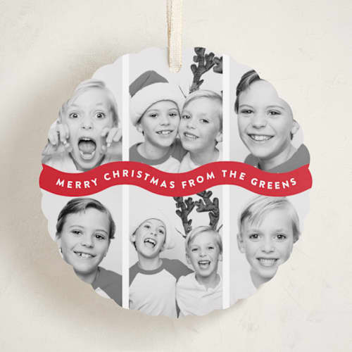 This is a santa suit holiday card ornaments with standard by Up Up Creative called bouncy printing on recycled smooth signature in ornament