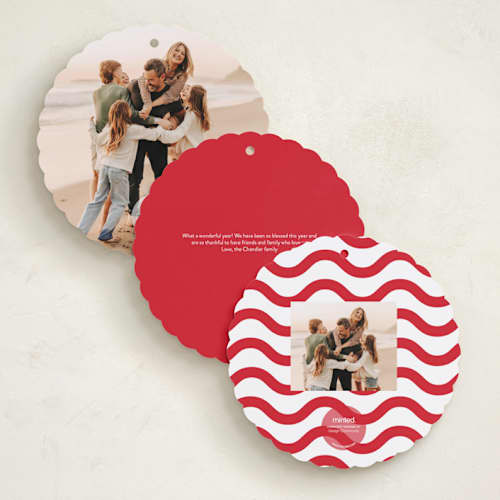 This is a santa suit holiday card ornaments with standard by Up Up Creative called bouncy printing on recycled smooth signature in ornament