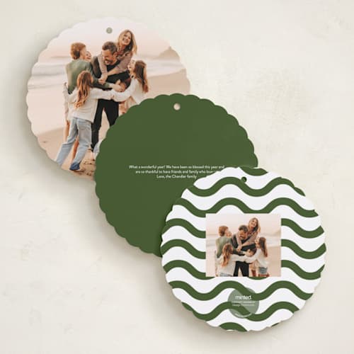 This is a pine holiday card ornaments with standard by Up Up Creative called bouncy printing on recycled smooth signature in ornament