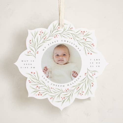 This is a holly berry holiday card ornaments with standard by Randi Cirelli called merry & new printing on recycled smooth signature in ornament