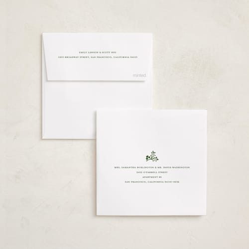 This is a fir holiday card ornaments with standard by Teju Reval called scalloped holly printing on recycled smooth signature in ornament