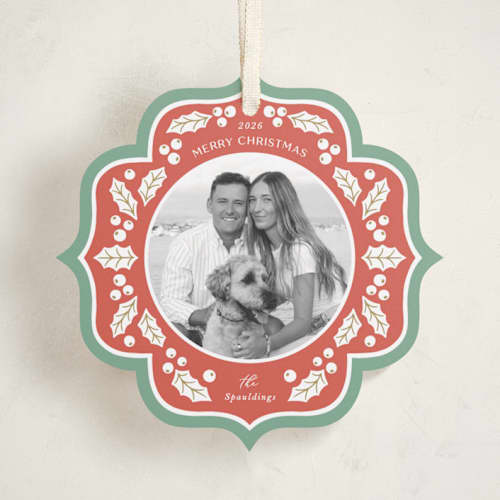 This is a festive holiday card ornaments with standard by Brandy Folse called holly frame printing on recycled smooth signature in ornament