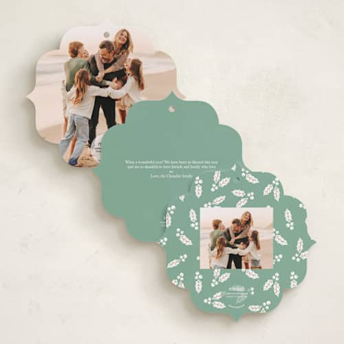 This is a festive holiday card ornaments with standard by Brandy Folse called holly frame printing on recycled smooth signature in ornament