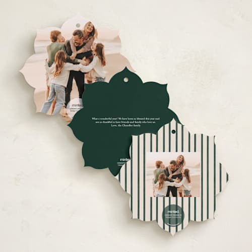 This is a pine needle holiday card ornaments with standard by Jenna Holcomb called bow ornament printing on recycled smooth signature in ornament