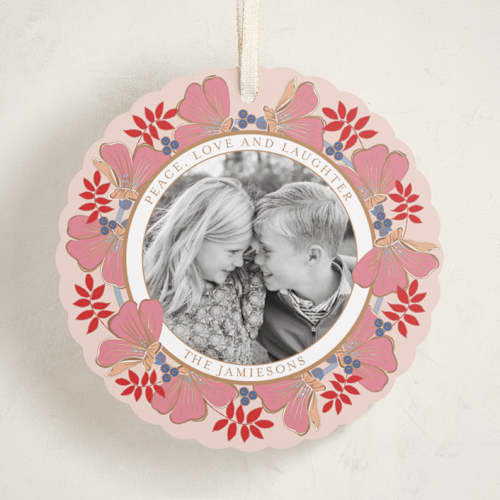 This is a blueberry peach holiday card ornaments with standard by Katrina Marquet called joyful wreath printing on recycled smooth signature in ornament