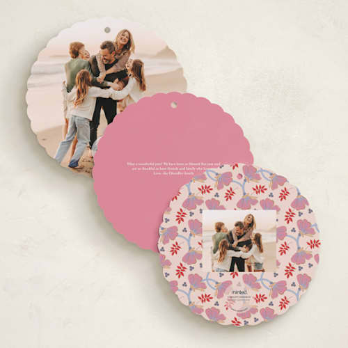 This is a blueberry peach holiday card ornaments with standard by Katrina Marquet called joyful wreath printing on recycled smooth signature in ornament